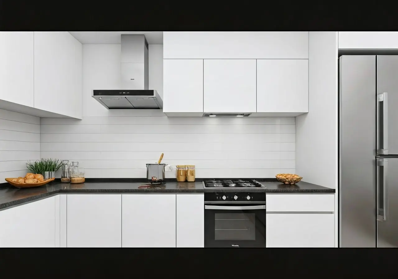 A modern kitchen with sleek appliances and minimalist design. 35mm stock photo