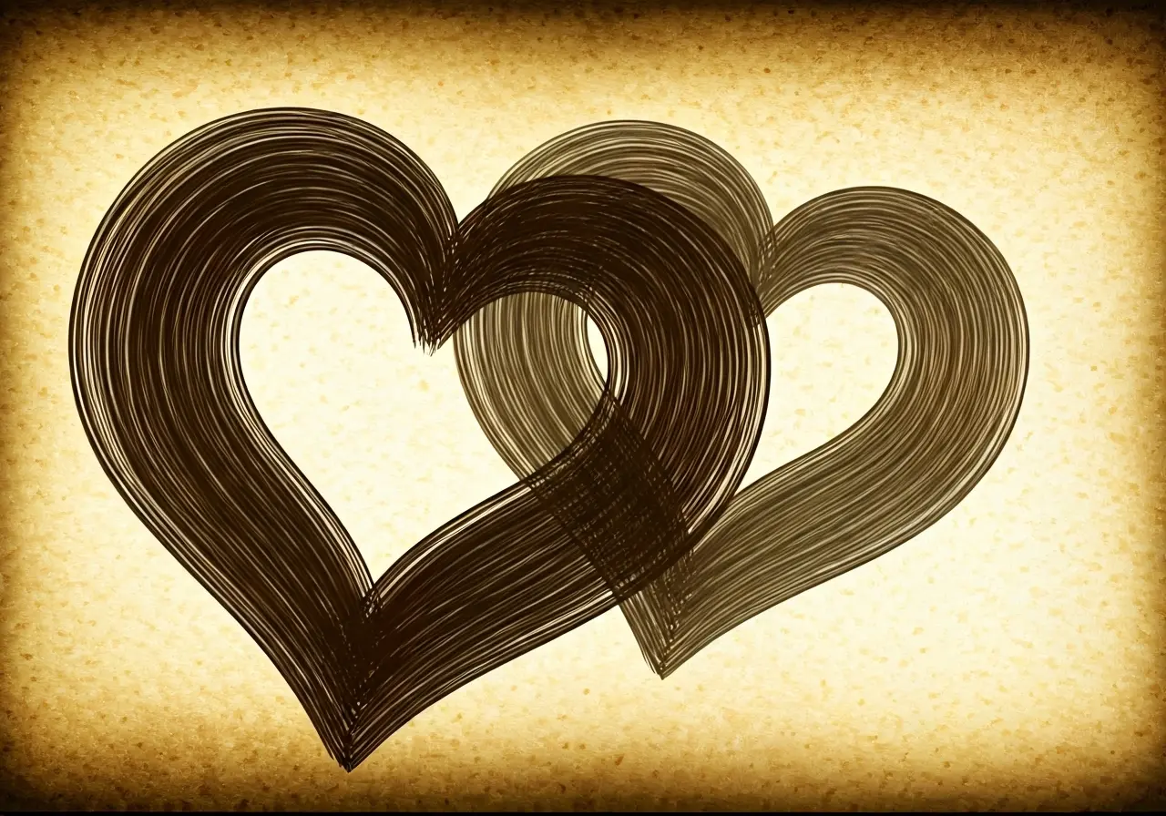 Two intertwined hearts sketched on a textured paper background. 35mm stock photo
