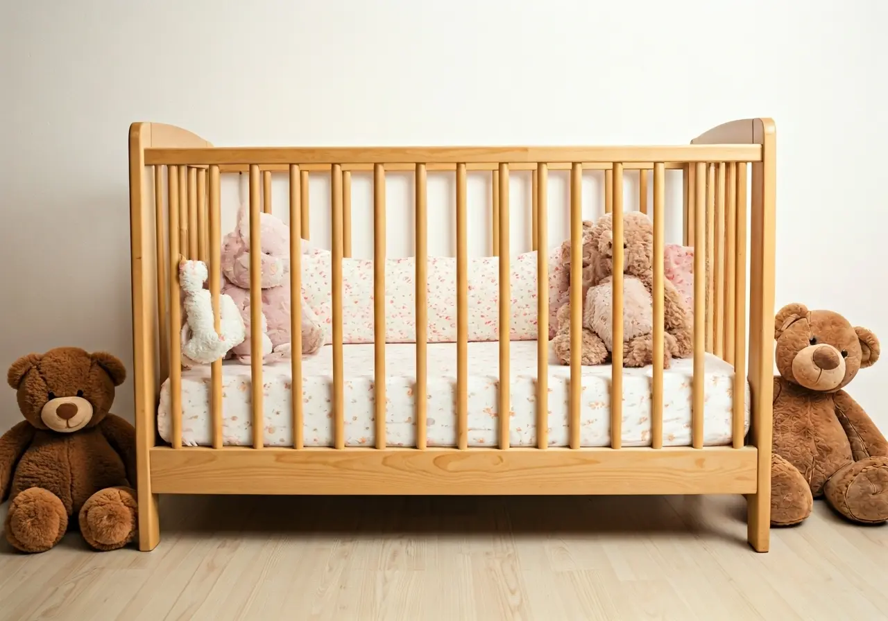 A wooden crib surrounded by soft, plush toys. 35mm stock photo
