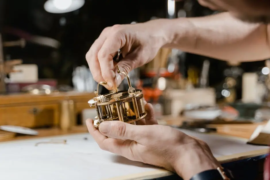 Craftsman meticulously assembling intricate clockwork components with precision tools.