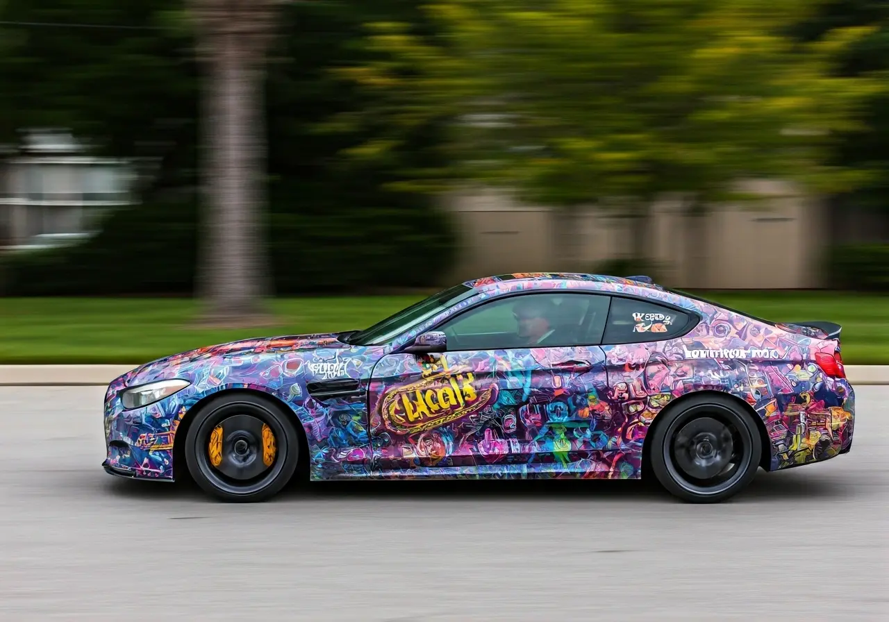 A sleek car with vibrant custom branding driving downtown. 35mm stock photo