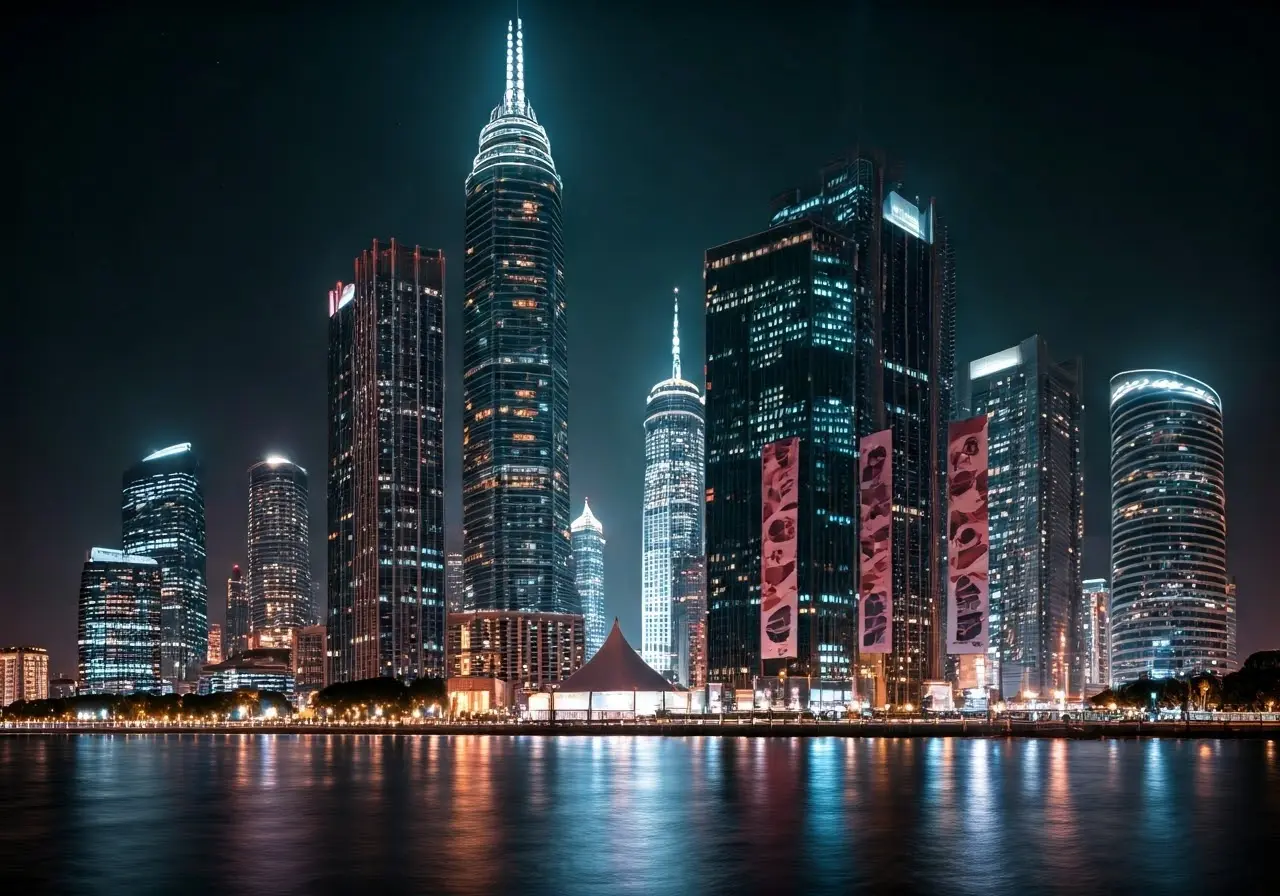 A futuristic city skyline with event banners and lights. 35mm stock photo