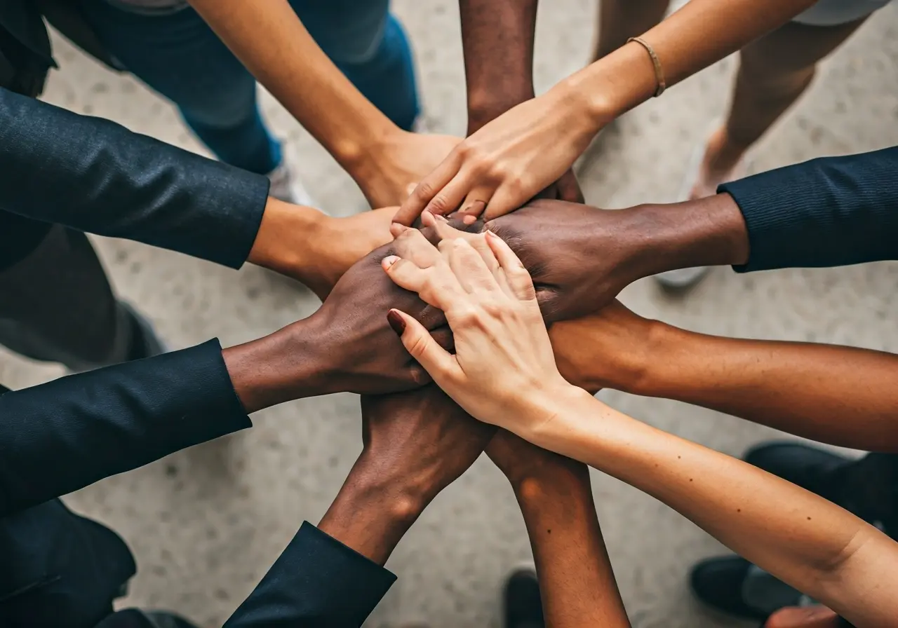 A group of diverse hands forming a supportive circle. 35mm stock photo