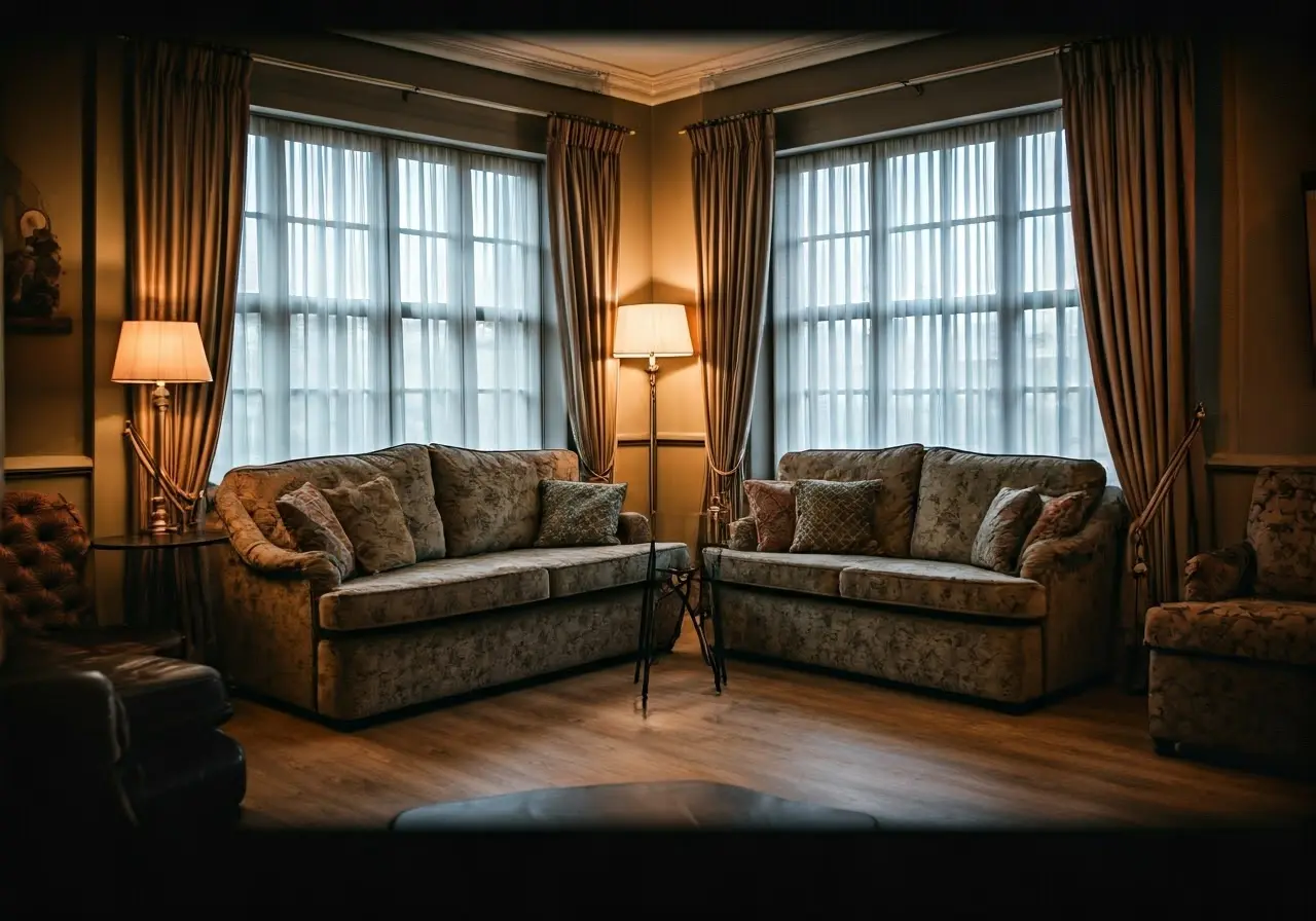 A cozy living room with plush seating and soft lighting. 35mm stock photo