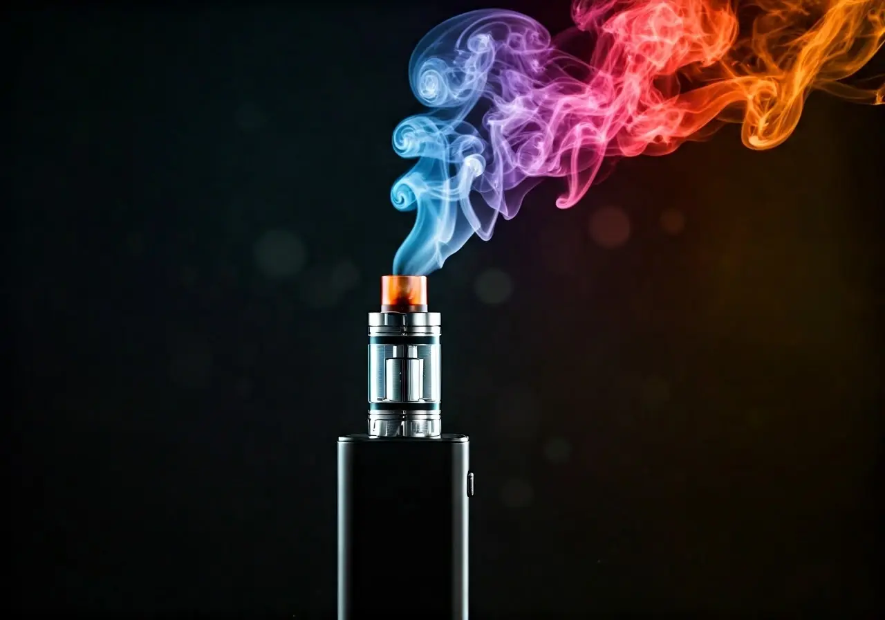 A sleek vape device exhaling colorful vapor in motion. 35mm stock photo
