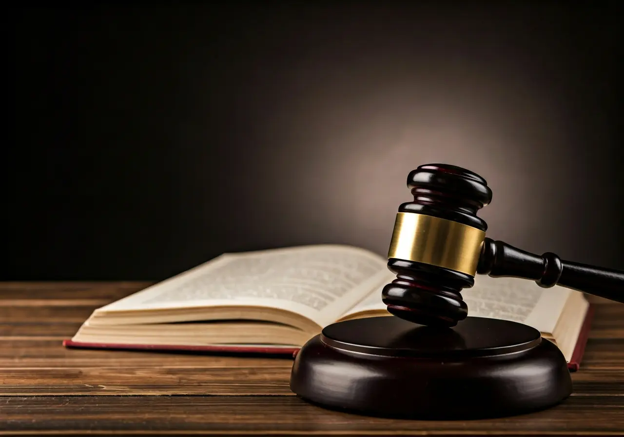 A gavel resting on an open law book. 35mm stock photo