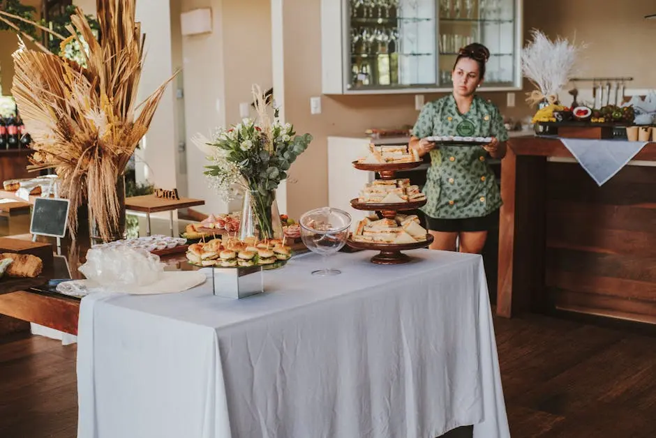 Beautiful buffet setup with floral arrangements and snacks indoors at Garopaba, Brazil.