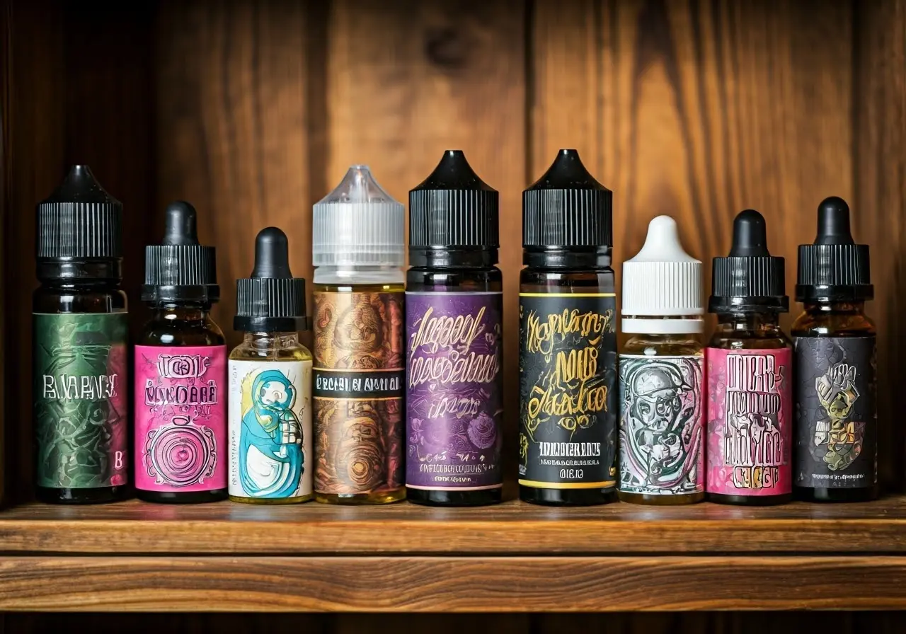 A variety of colorful e-liquid bottles on a wooden shelf. 35mm stock photo