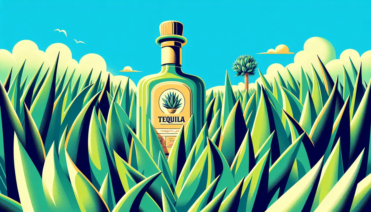 Draw a graphic in flat design style. A vibrant, flat design style image of a tequila bottle nestled among lush, green agave plants against a clear blue sky.