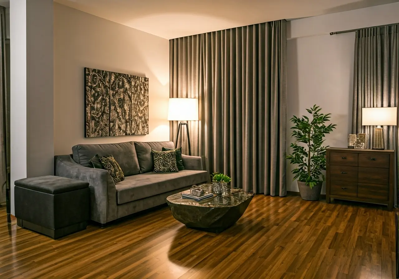 A beautifully staged living room with tasteful decor and lighting. 35mm stock photo
