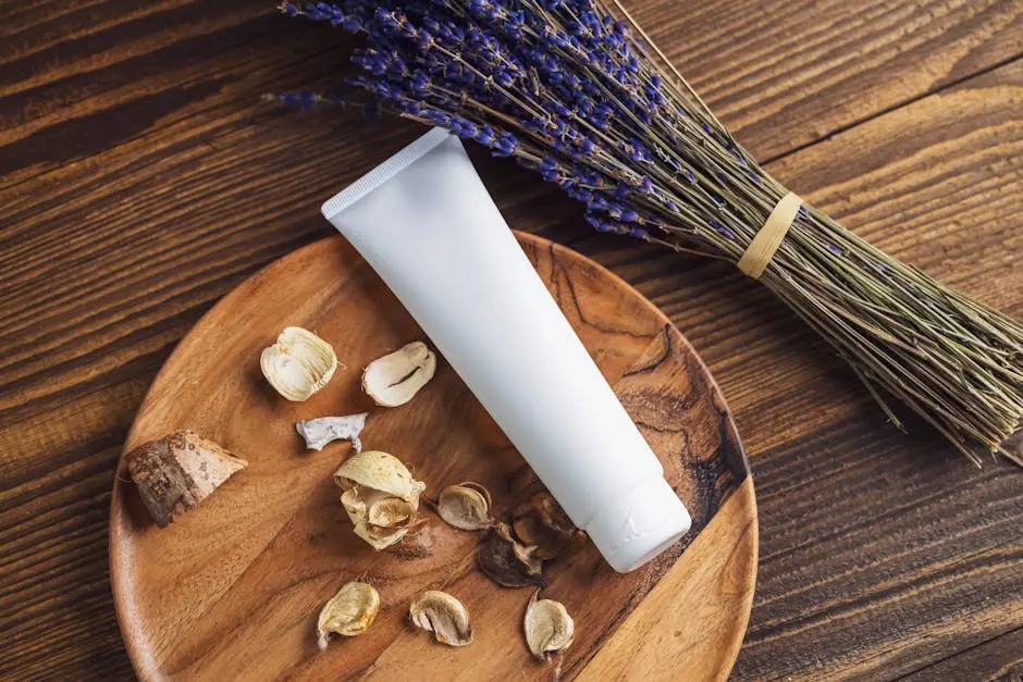 A cosmetic tube on a wooden plate with dried lavender and petals, perfect for natural skincare themes.