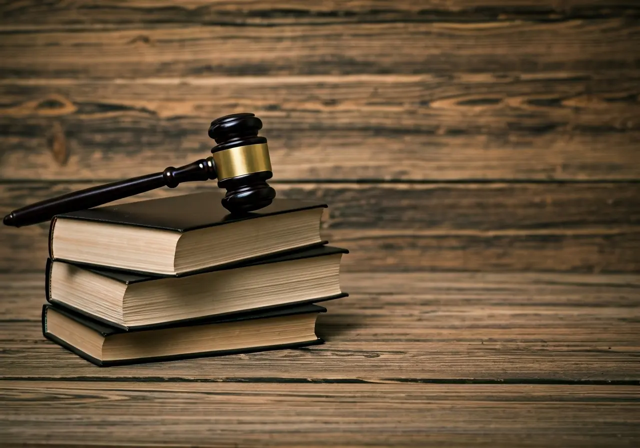 A gavel and law books on a rustic wooden desk. 35mm stock photo