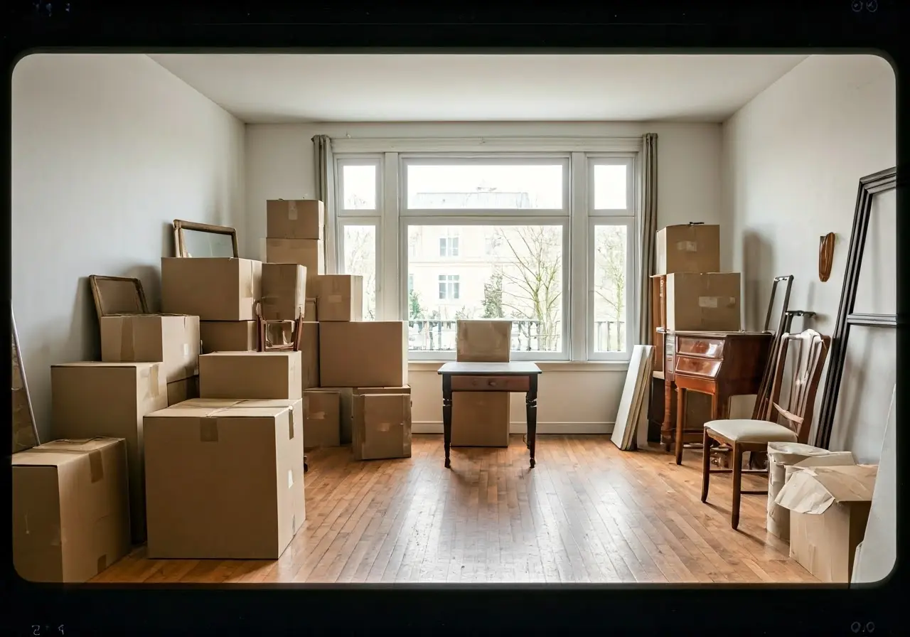 A cluttered estate room with various furniture and packed boxes. 35mm stock photo