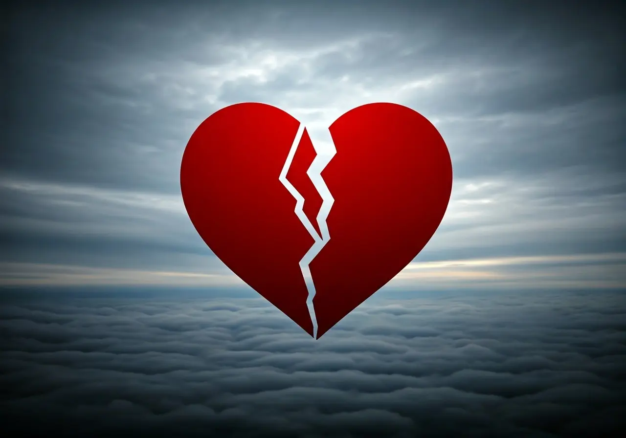 A broken heart symbol on a cloudy, overcast sky. 35mm stock photo