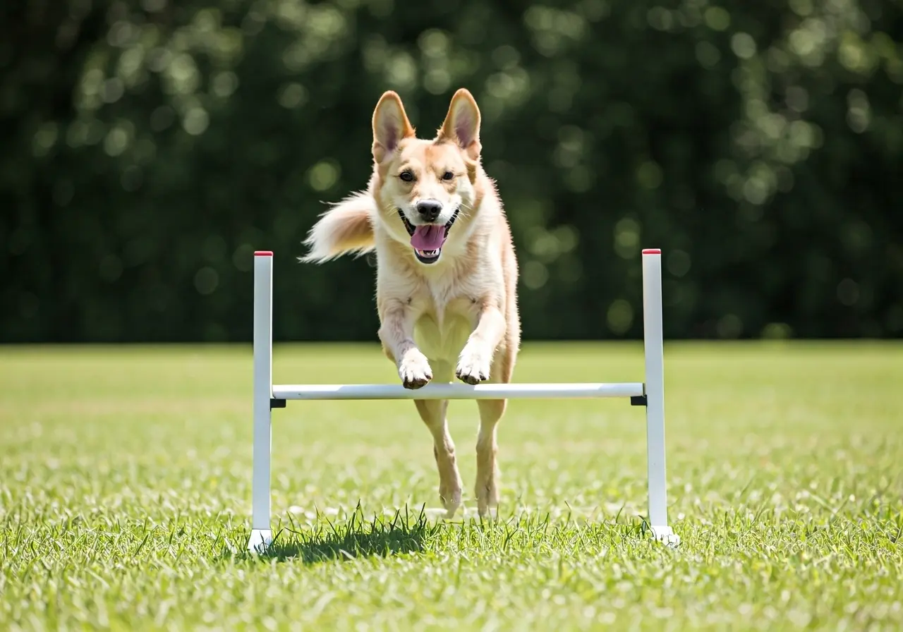 A joyful dog leaps over agility hurdles in a park. 35mm stock photo