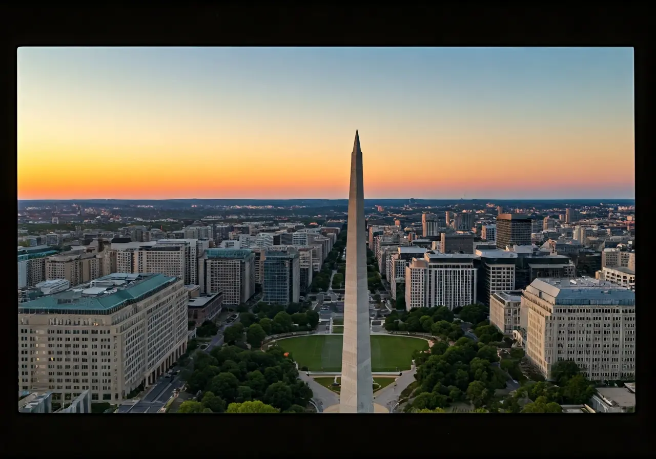 Aerial view of Washington DC skyline at sunset. 35mm stock photo