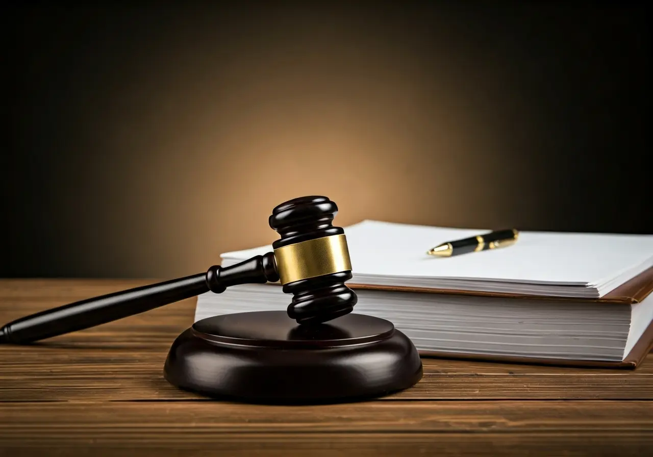 A gavel and legal documents on a wooden desk. 35mm stock photo