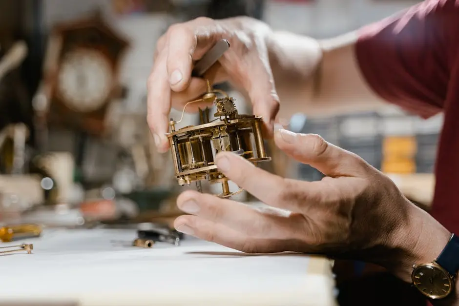 Detailed image of hands repairing a vintage timepiece in a workshop, emphasizing craftsmanship and precision.