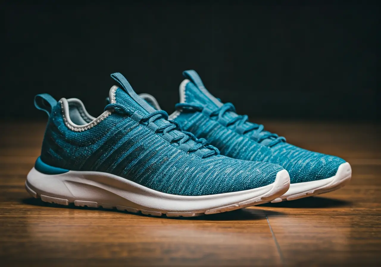 A pair of colorful lightweight sneakers on a wooden floor. 35mm stock photo