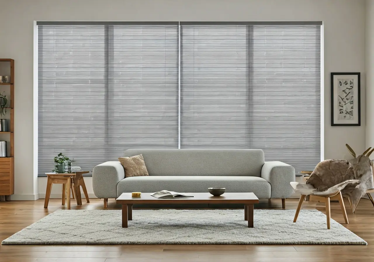 A modern living room with elegant motorized window shades. 35mm stock photo