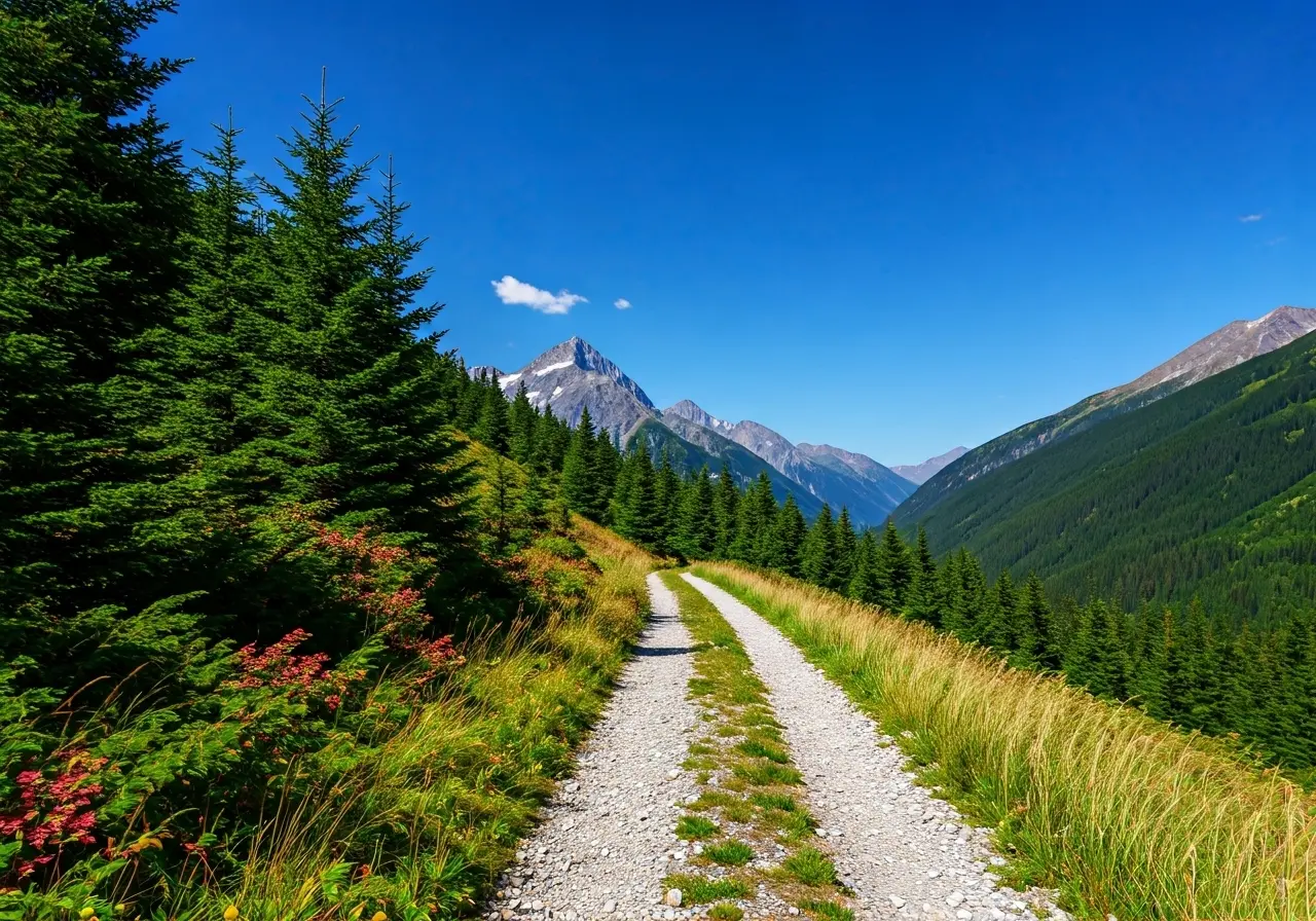 A serene mountain path symbolizes a journey towards healing. 35mm stock photo