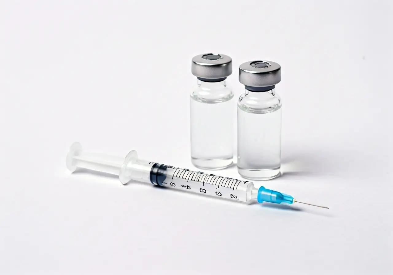 A syringe and vial of Botox on a white background. 35mm stock photo
