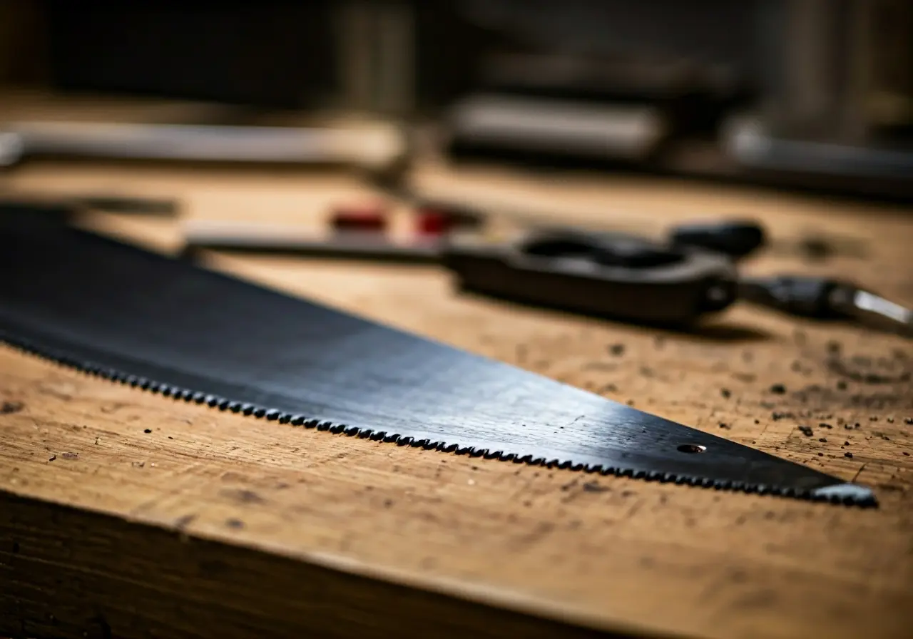 A close-up of a sharp, clean saw blade on a workbench. 35mm stock photo