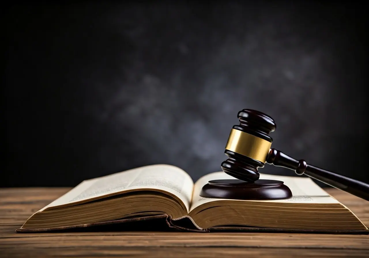 A gavel resting on an open law book. 35mm stock photo