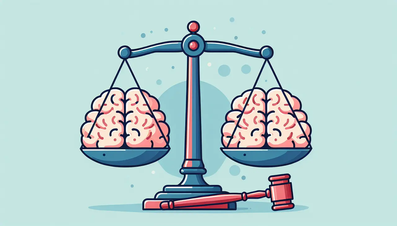 Draw a graphic in flat design style. Illustration of a balanced scale with a brain on one side and a legal gavel on the other, set against a pastel blue background.