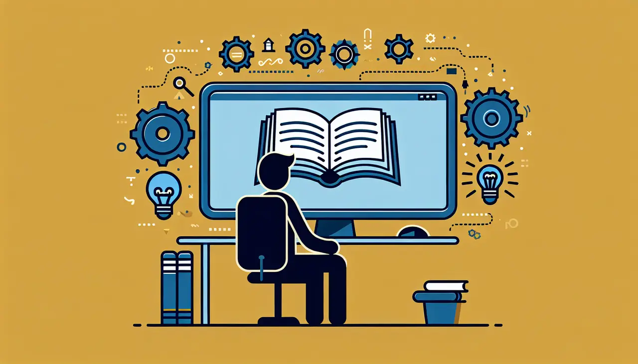 Draw a graphic in flat design style. A flat design image of a person sitting at a desk with a computer displaying the WordPress logo, surrounded by icons of gears, a lightbulb, and a Texas state outline.