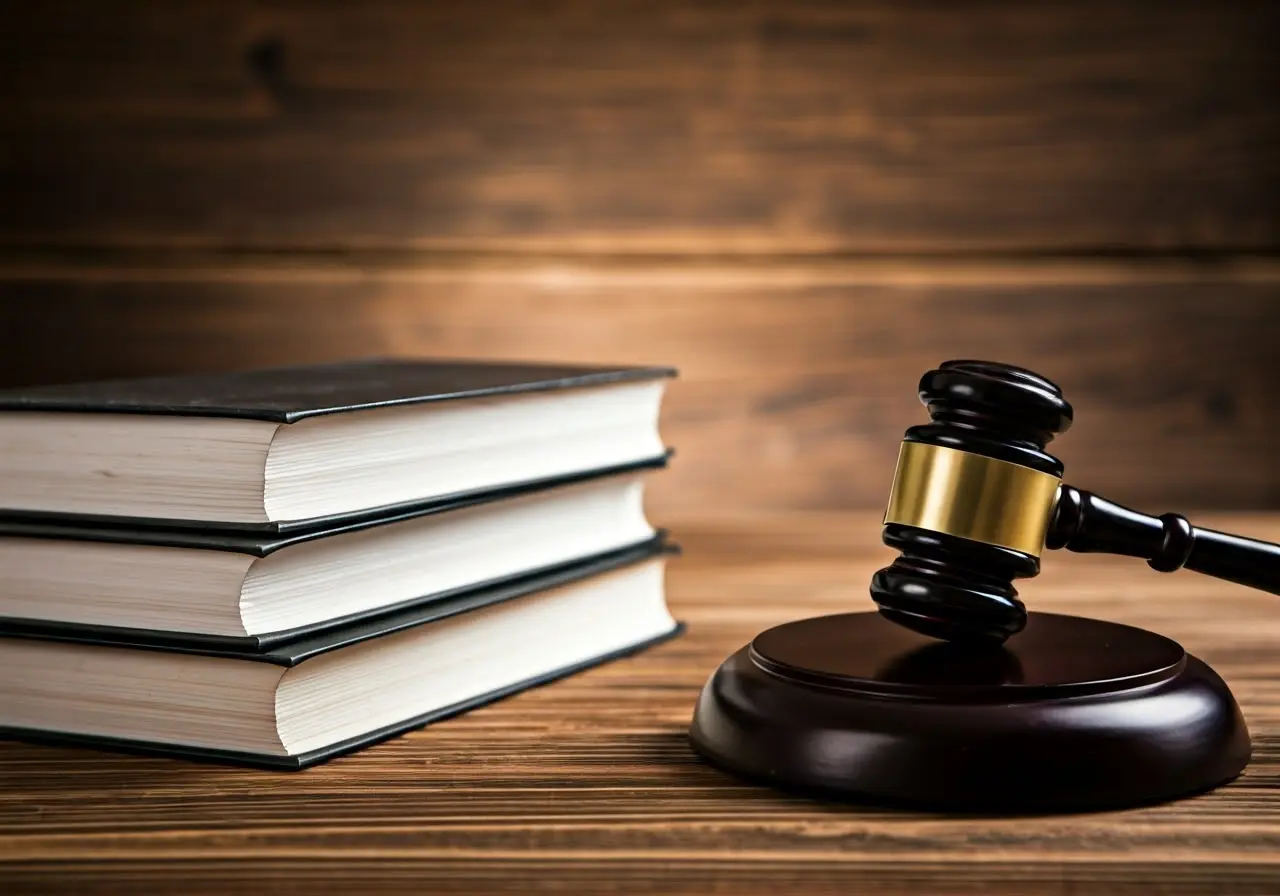 A gavel and law books on a wooden desk. 35mm stock photo