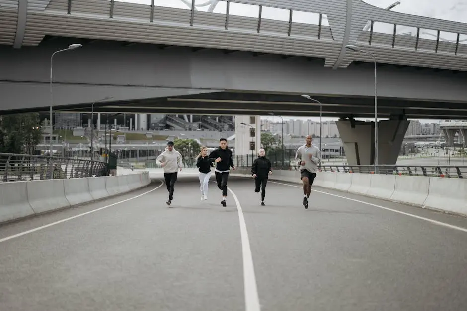 A diverse group of people running on a city road, showcasing teamwork and fitness under an overpass.
