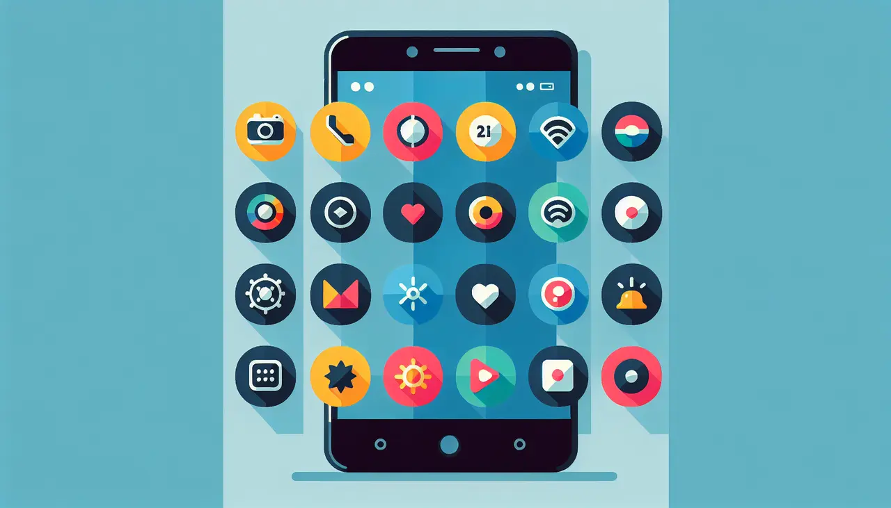 Draw a graphic in flat design style. A sleek mobile phone with twelve distinct app icons, each representing a unique feature, arranged in an organized, minimalist layout.