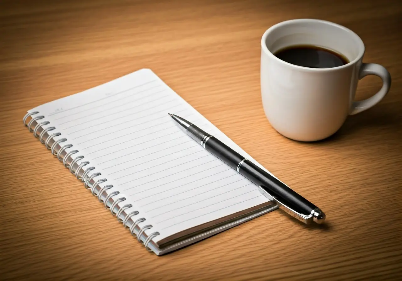 A tidy desk with notepad, pen, and coffee cup. 35mm stock photo