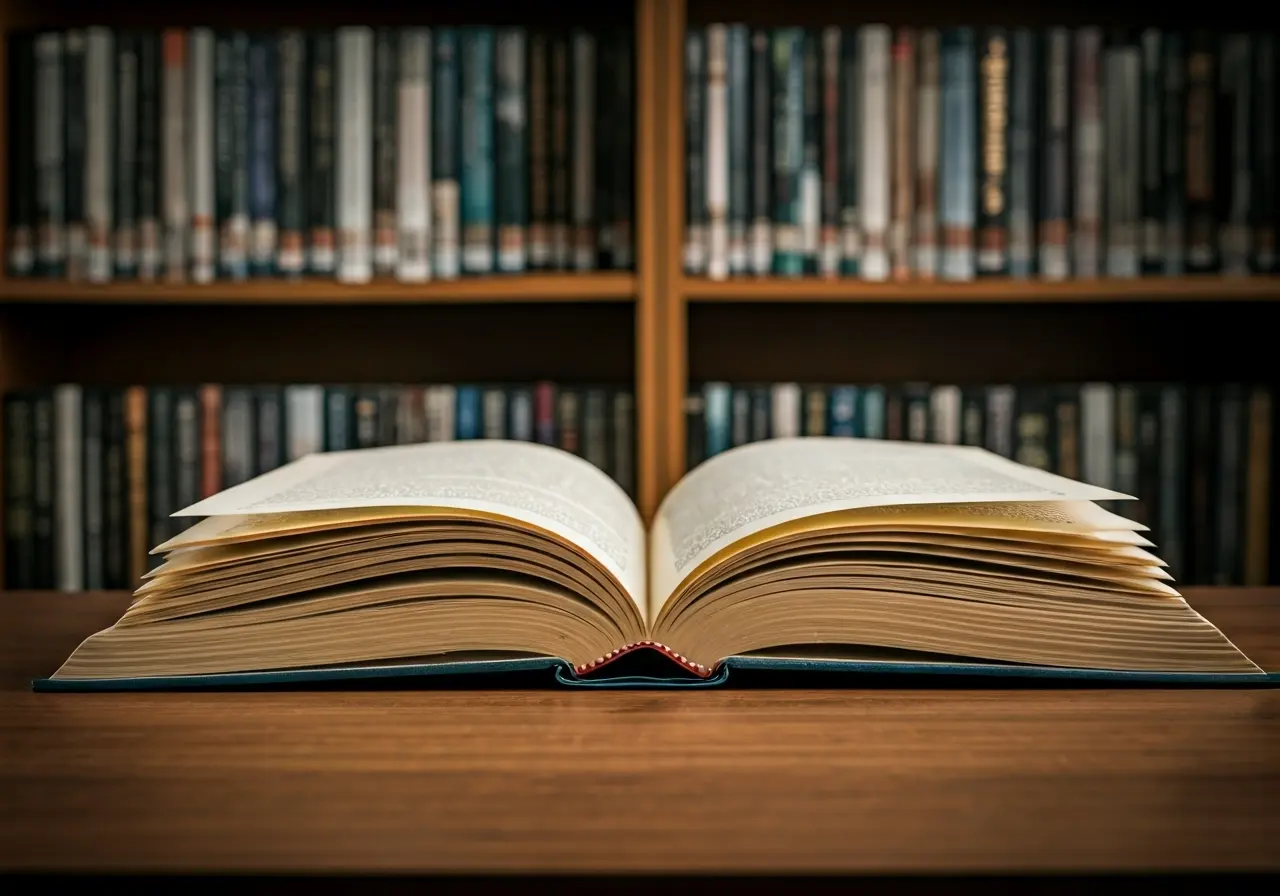 A peaceful library corner with an open spiritual book. 35mm stock photo
