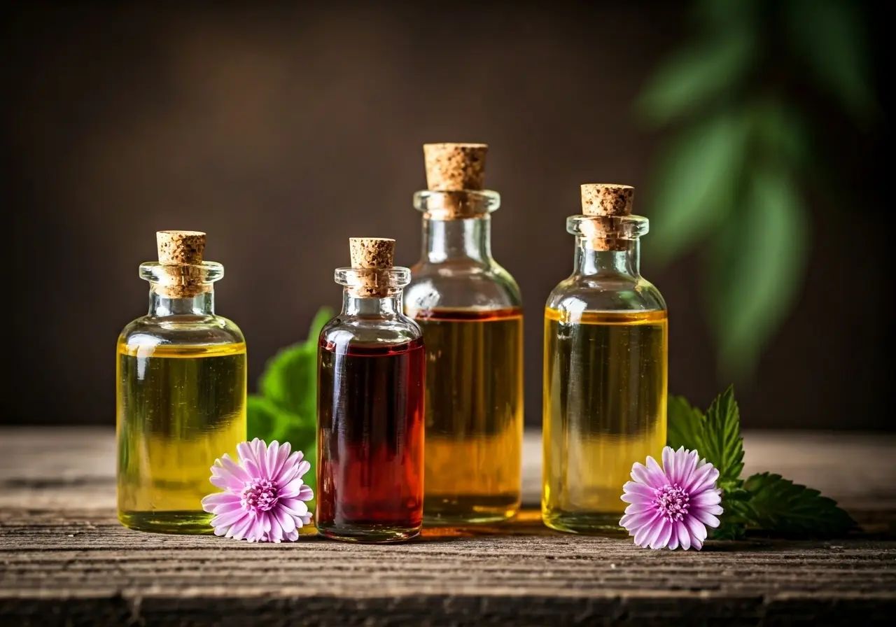 A close-up of various gemmotherapy plant extracts in bottles. 35mm stock photo