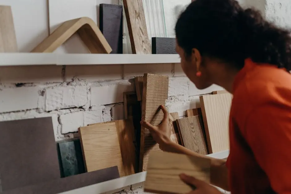 Focused woman choosing various wood samples in an indoor showroom setting.