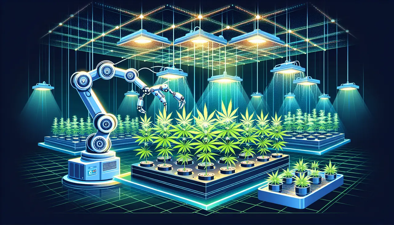 Draw a graphic in flat design style. A minimalist illustration of a futuristic greenhouse with cannabis plants growing under LED lights, featuring automated robotic arms tending to the plants.