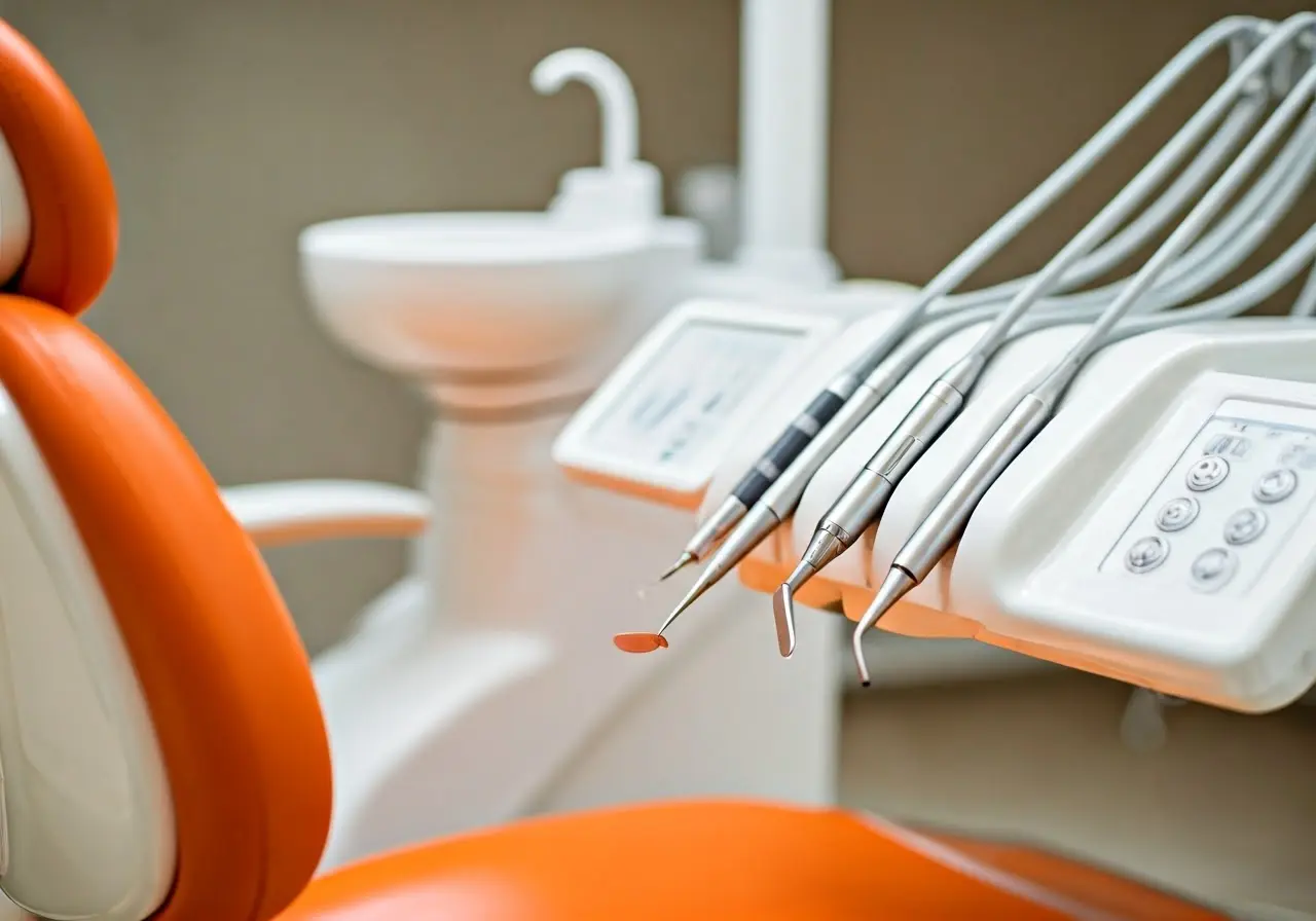 A close-up of a dental chair with tools visible. 35mm stock photo