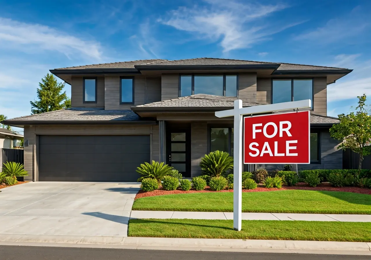 A modern house exterior with a large For Sale sign. 35mm stock photo