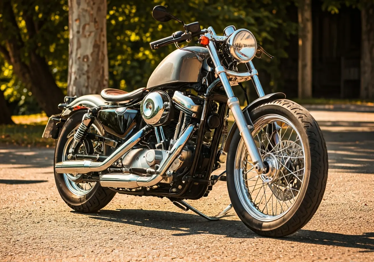 A close-up of a shiny, polished motorcycle under sunlight. 35mm stock photo