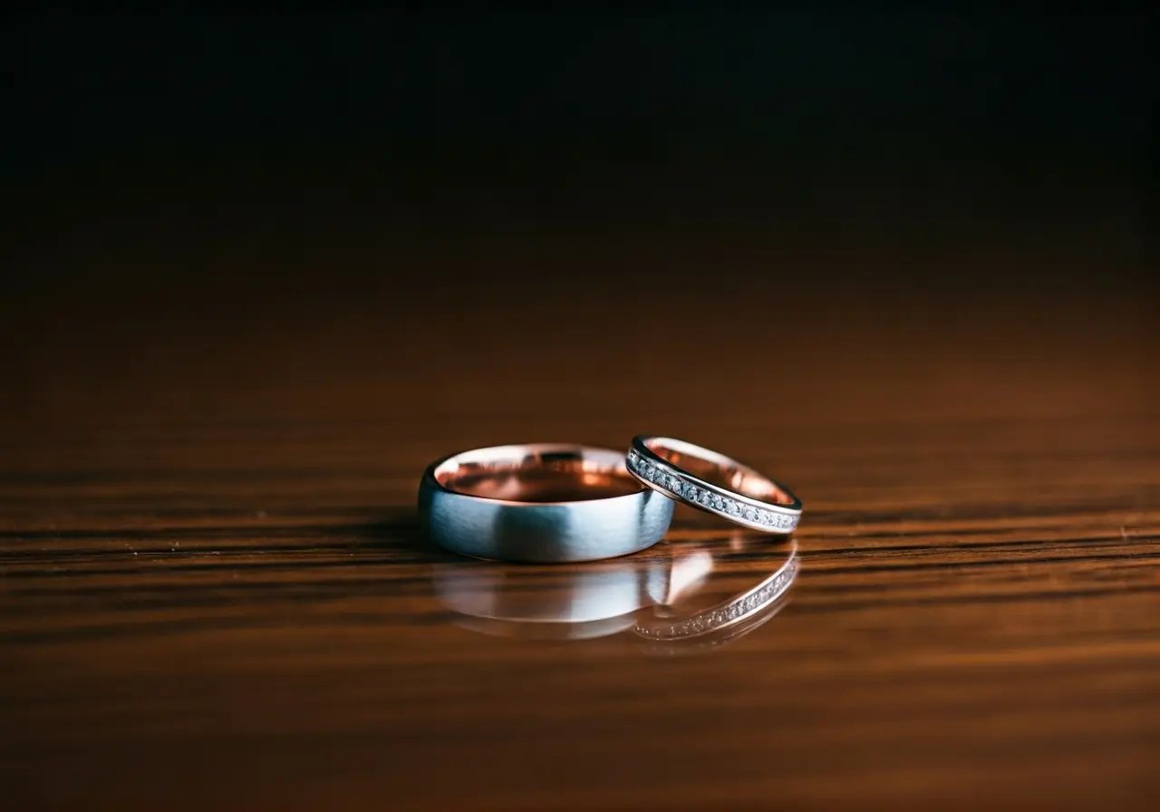 Two wedding bands on a reflective wooden table. 35mm stock photo