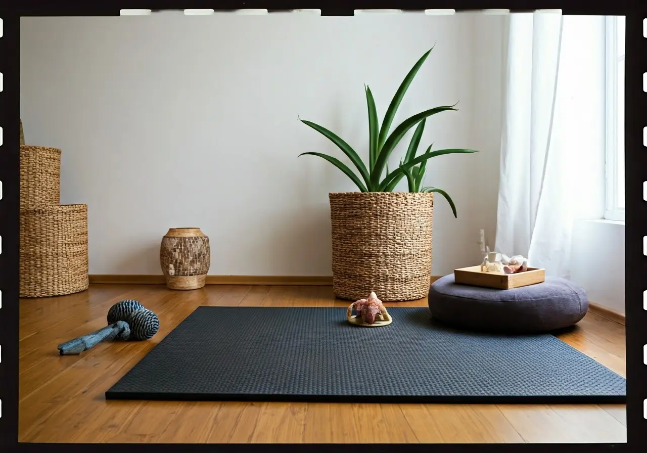 A peaceful room with a grounding mat on the floor. 35mm stock photo