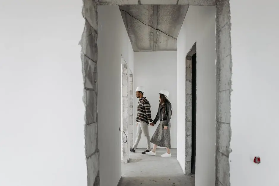 A couple holding hands and exploring an unfinished house while wearing hard hats.