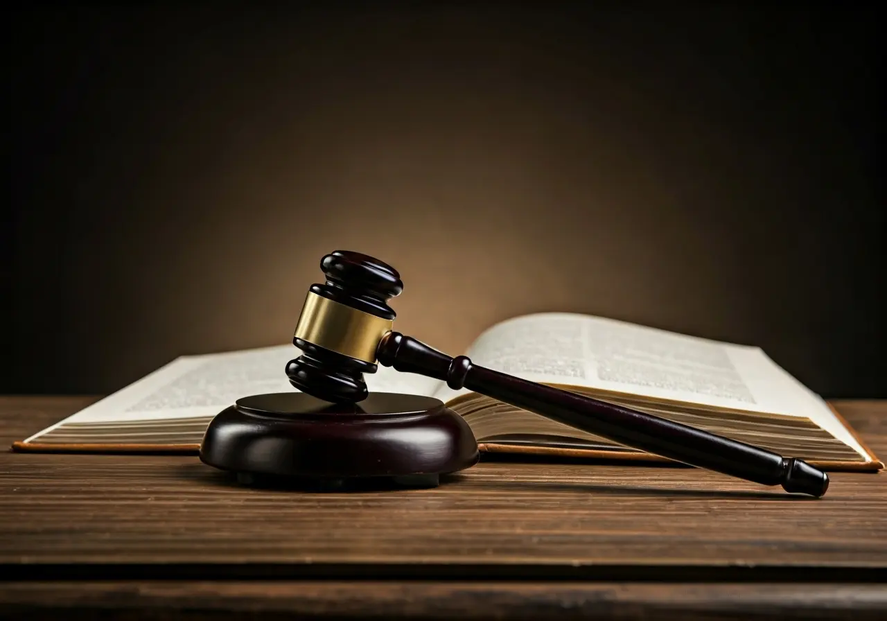 A courthouse gavel resting on an open law book. 35mm stock photo