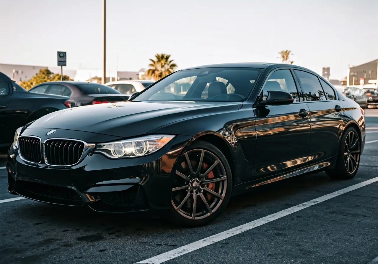 A sleek black luxury car parked near LAX airport. 35mm stock photo