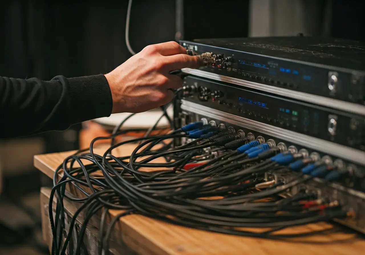 A technician configuring audio-visual equipment with multiple cables. 35mm stock photo