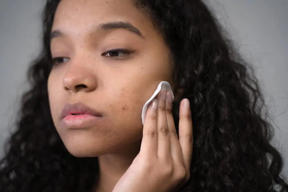 Close-up of a black woman gently applying skincare product on her face, focusing on clear and healthy skin.