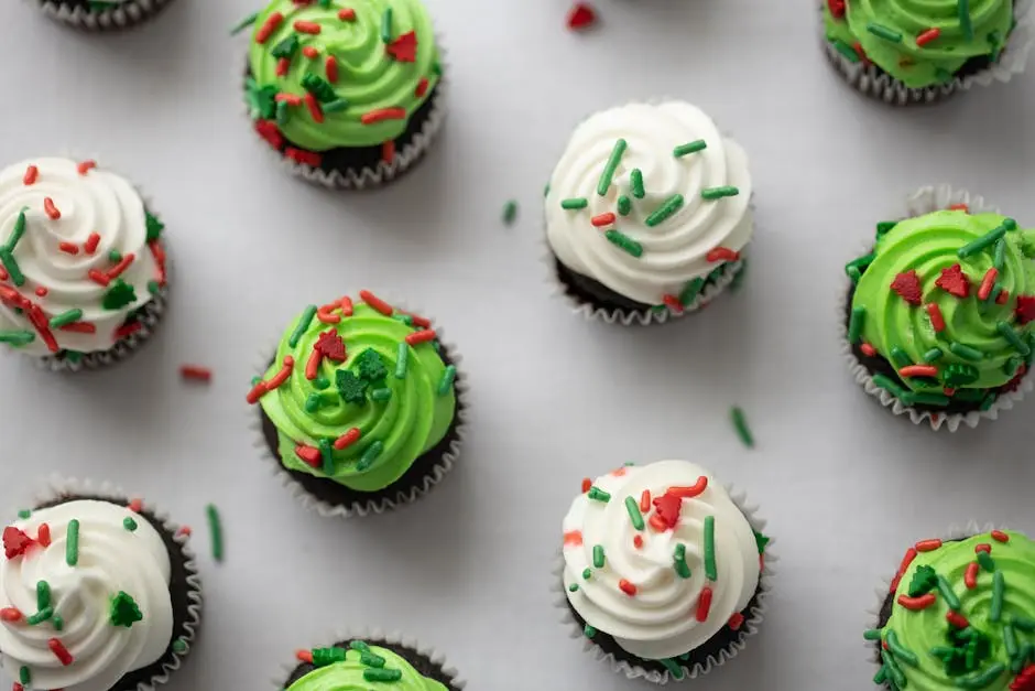 Delicious cupcakes with green and white icing, decorated with festive red and green sprinkles on white background.