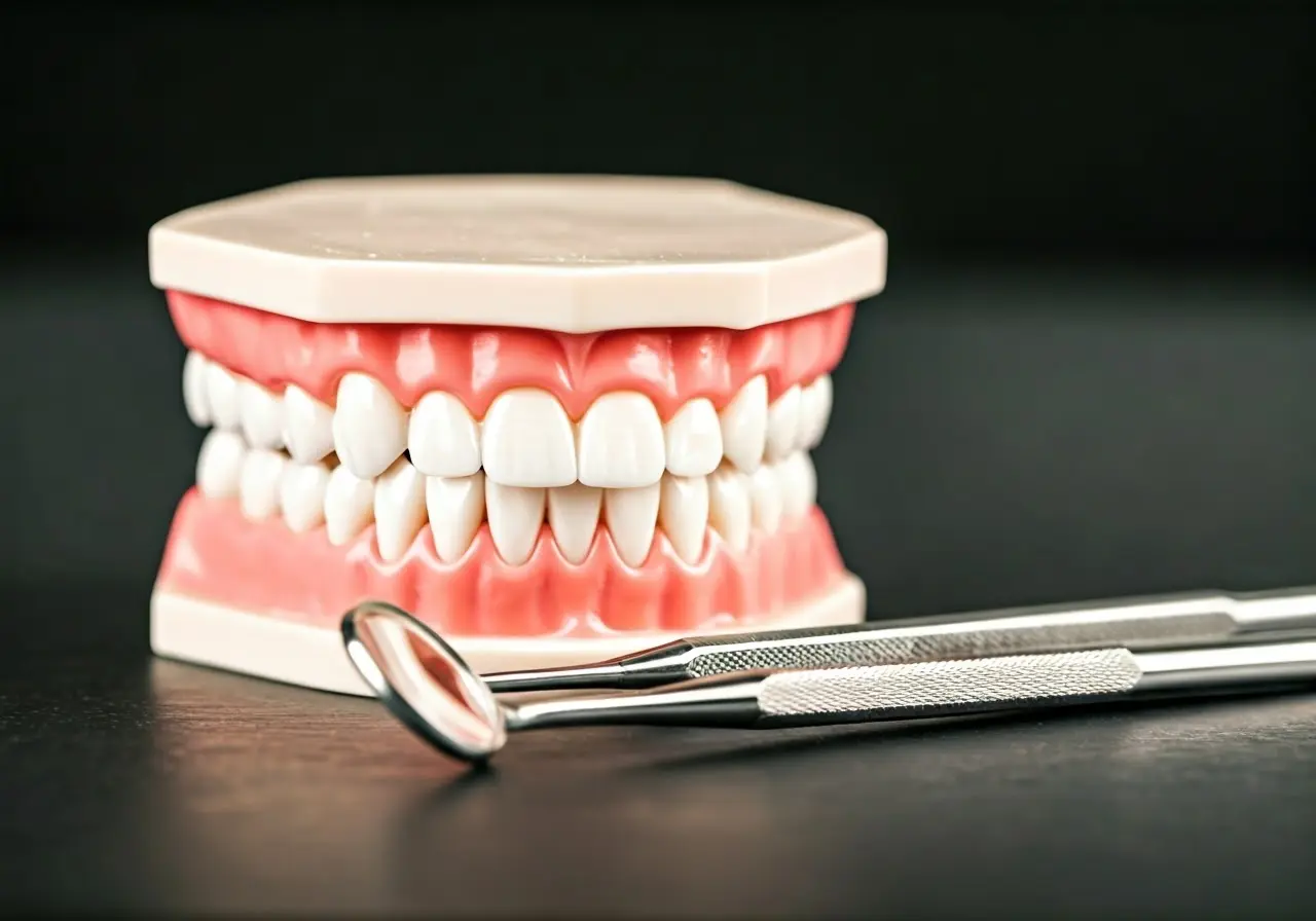 Dental tools next to a model of healthy teeth. 35mm stock photo